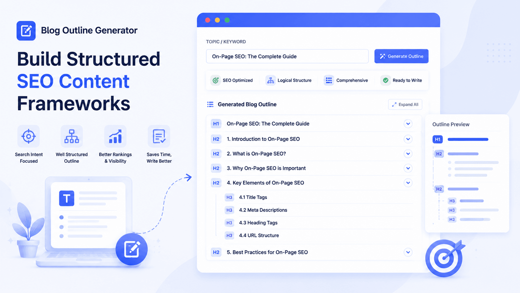 AI Blog Outline Generator UI mockup showing input field and generated blog outline