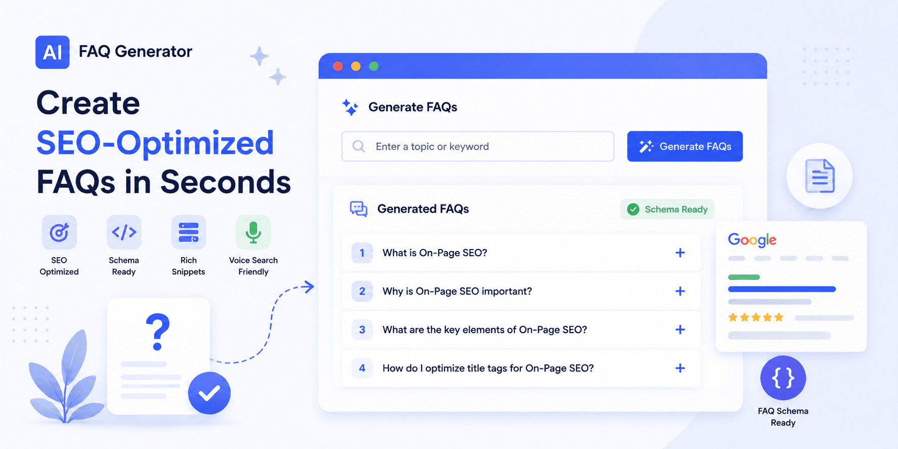 AI FAQs Generator UI mockup showing input field and generated FAQs