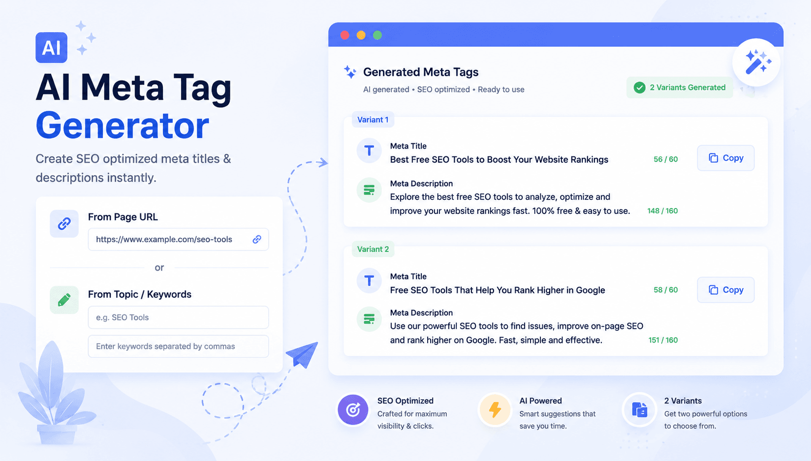 AI Meta Tag Generator UI mockup showing input field and generated meta descriptions